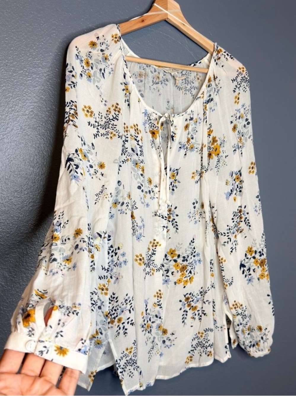 Lucky Brand White Floral Peasant Blouse with Blue and Mustard Prints Large